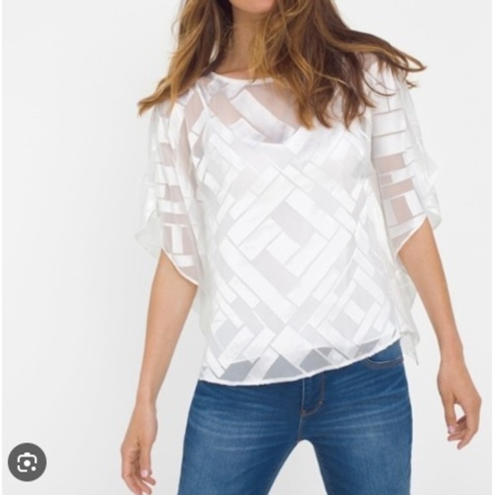 White House Black Market Silk Blend Burnout Geometric Kaftan Blouse White M